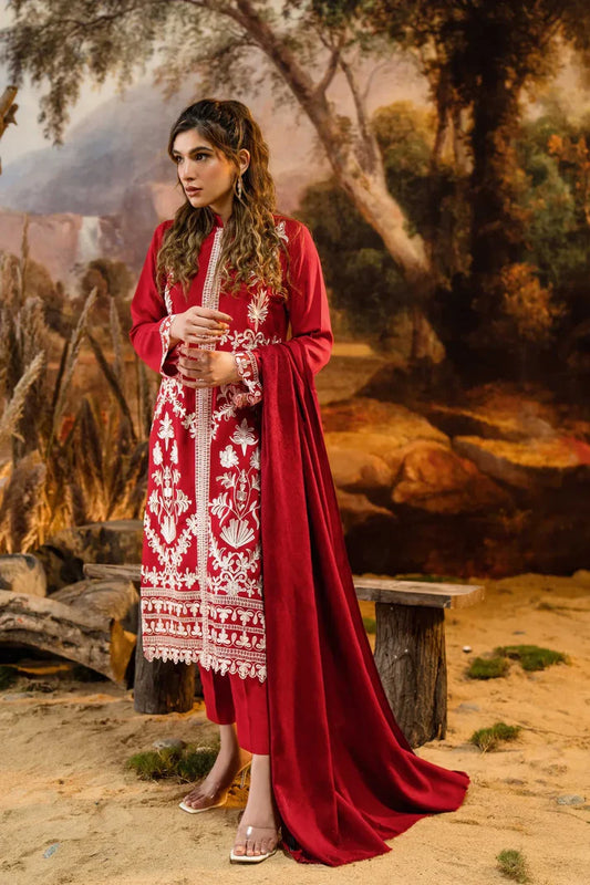 BrandsInn-3PC DHANAK EMBROIDERED SHIRT WITH PRINTED WOOL PRINT SHAWL AND TROUSER-BI-4115