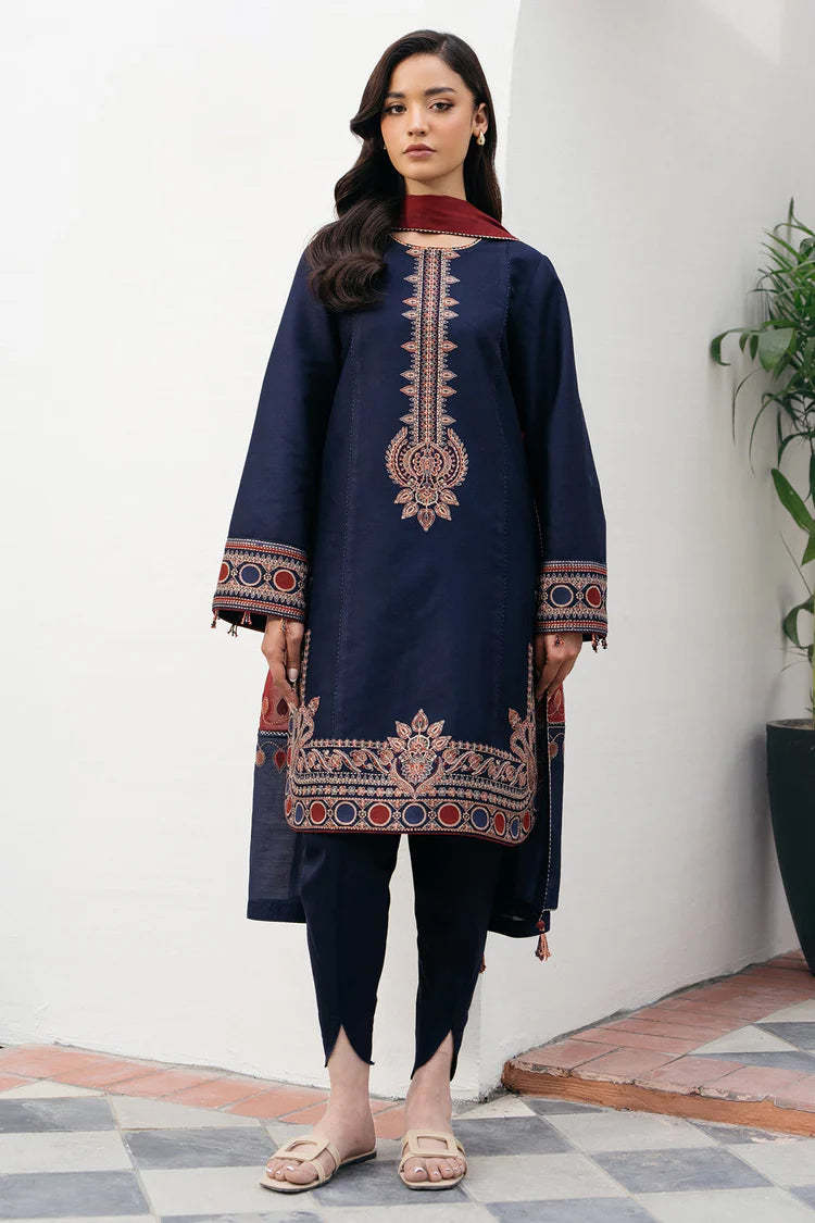 BrandsInn-3PC DHANAK EMBROIDERED SHIRT WITH COURTRAI PRINTED SHAWL AND TROUSER-BI-4301