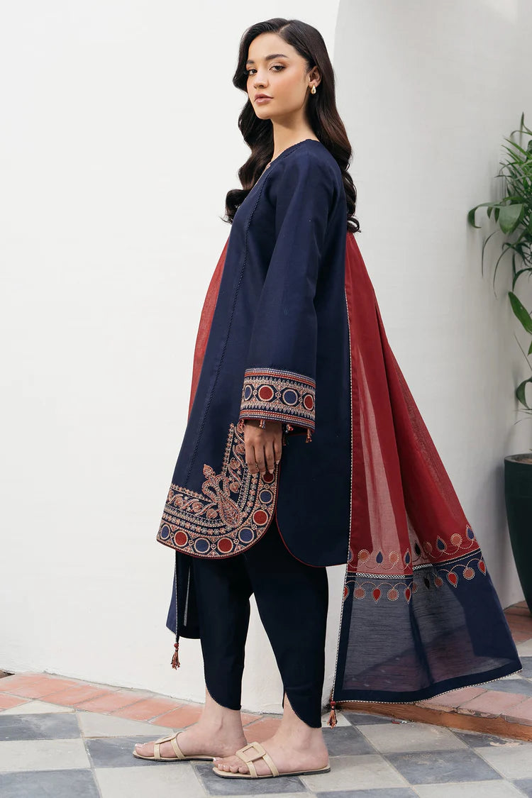 BrandsInn-3PC DHANAK EMBROIDERED SHIRT WITH COURTRAI PRINTED SHAWL AND TROUSER-BI-4301