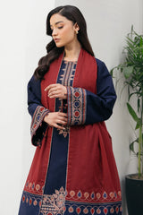 BrandsInn-3PC DHANAK EMBROIDERED SHIRT WITH COURTRAI PRINTED SHAWL AND TROUSER-BI-4301