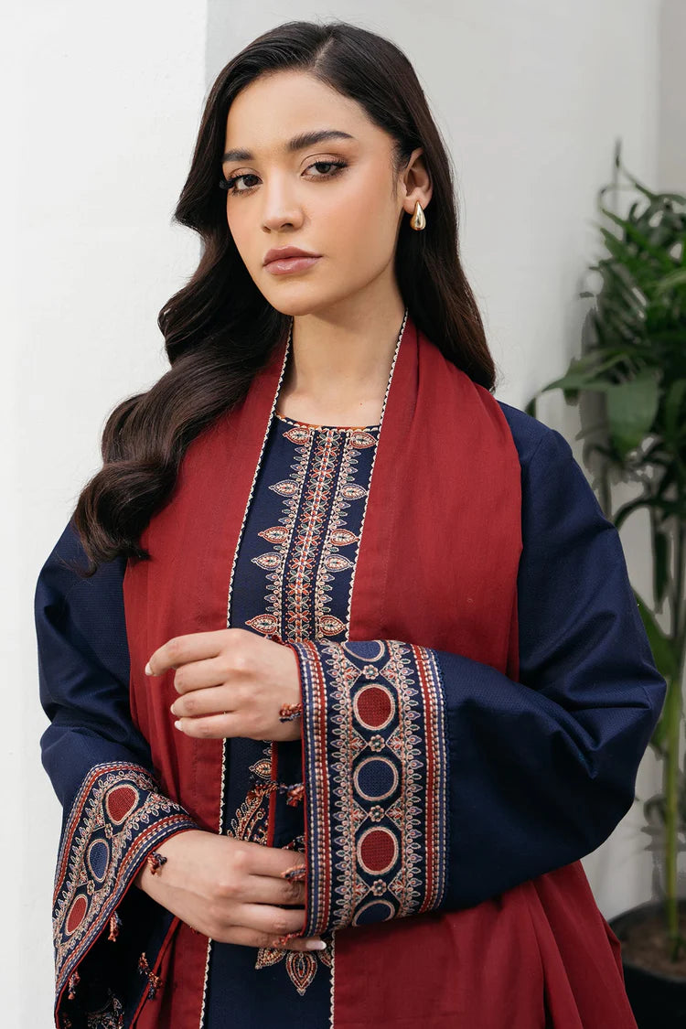 BrandsInn-3PC DHANAK EMBROIDERED SHIRT WITH COURTRAI PRINTED SHAWL AND TROUSER-BI-4301
