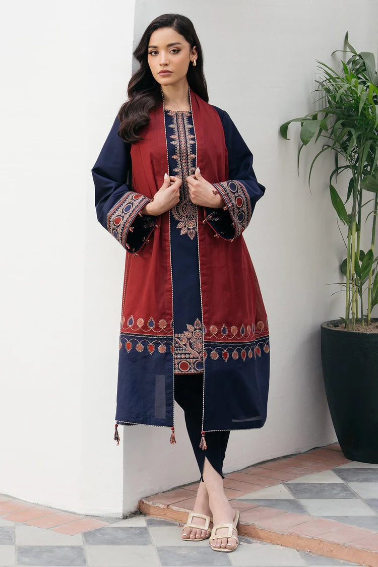 BrandsInn-3PC DHANAK EMBROIDERED SHIRT WITH COURTRAI PRINTED SHAWL AND TROUSER-BI-4301