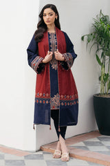 BrandsInn-3PC DHANAK EMBROIDERED SHIRT WITH COURTRAI PRINTED SHAWL AND TROUSER-BI-4301