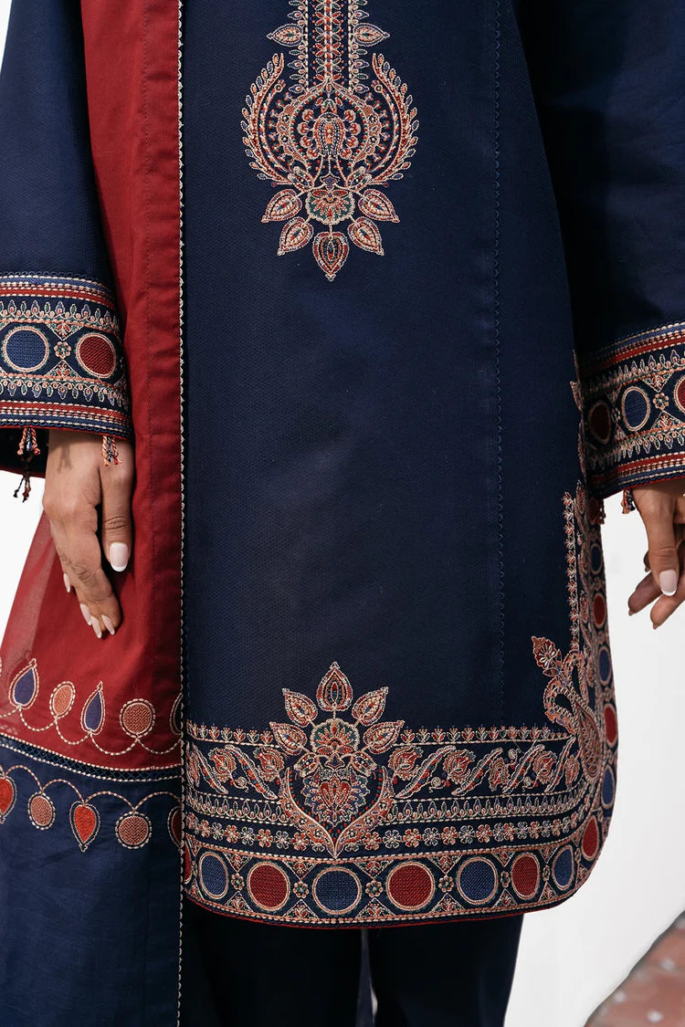 BrandsInn-3PC DHANAK EMBROIDERED SHIRT WITH COURTRAI PRINTED SHAWL AND TROUSER-BI-4301
