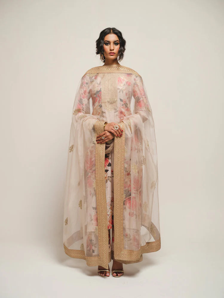 BrandsInn-3PC SHAMOZE SILK PRINTED EMBROIDERED SHIRT WITH SOFT SILK PRINTED EMB DUPATTA & EMB TROUSER BI-1721