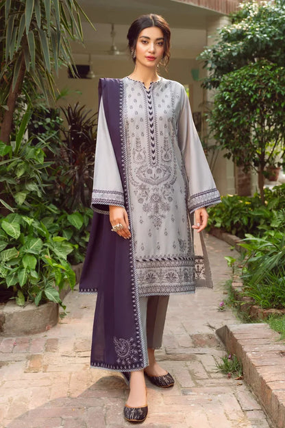 BrandsInn-3PC DHANAK EMBROIDERED SHIRT WITH BAMBER CHIFFON EMBROIDERD DUPATTA & TROUSER-BI-3143