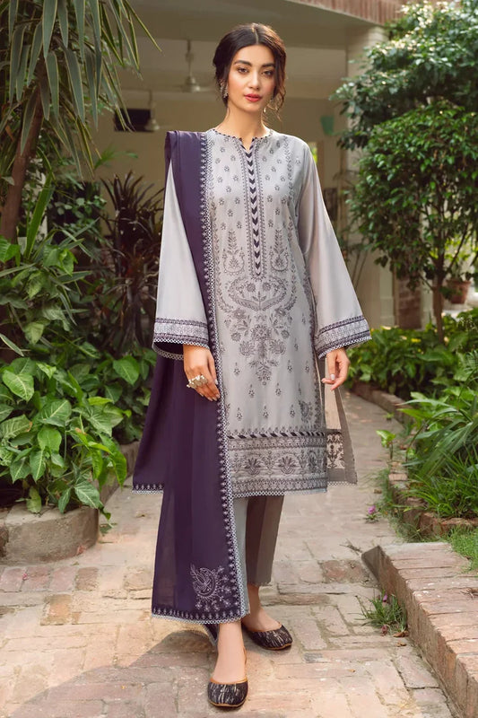 BrandsInn-3PC DHANAK EMBROIDERED SHIRT WITH BAMBER CHIFFON EMBROIDERD DUPATTA & TROUSER-BI-3143