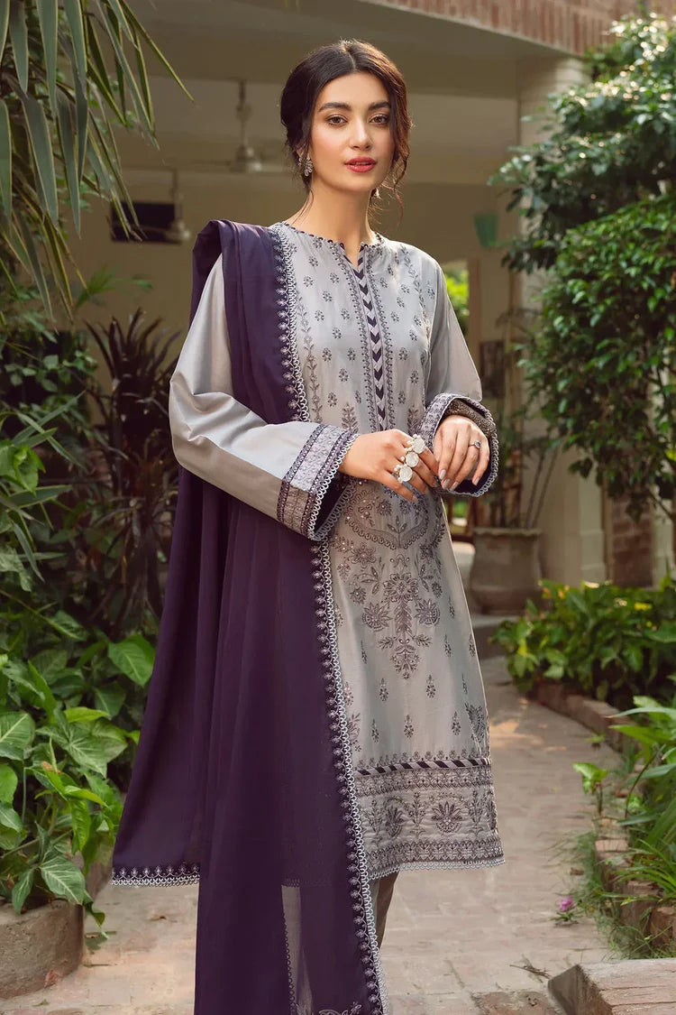BrandsInn-3PC DHANAK EMBROIDERED SHIRT WITH BAMBER CHIFFON EMBROIDERD DUPATTA & TROUSER-BI-3143
