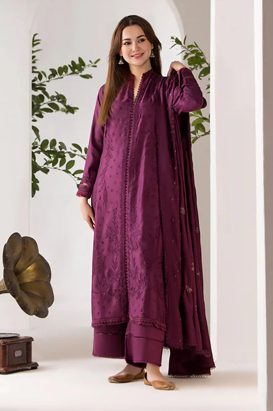 BrandsInn- 3PC DHANAK EMBROIDERED SHIRT WITH DHANAK EMBROIDERED SHAWL AND TROUSE-BIC-4001