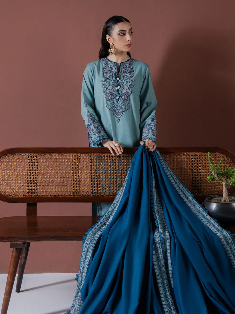 BrandsInn-3PC DHANAK EMBROIDERED SHIRT WITH DHANAK EMBROIDERED SHAWL & TROUSER-BI-4147