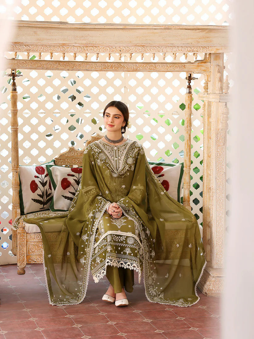 BrandsInn-3PC DHANAK EMBROIDERED SHIRT WITH DHANAK EMBROIDERED SHAWL & TROUSER-BI-4175