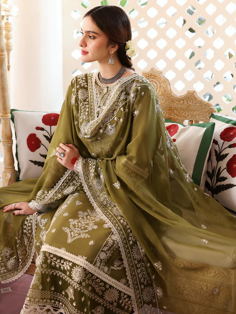 BrandsInn-3PC DHANAK EMBROIDERED SHIRT WITH DHANAK EMBROIDERED SHAWL & TROUSER-BI-4175