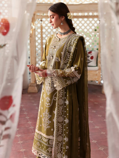 BrandsInn-3PC DHANAK EMBROIDERED SHIRT WITH DHANAK EMBROIDERED SHAWL & TROUSER-BI-4175