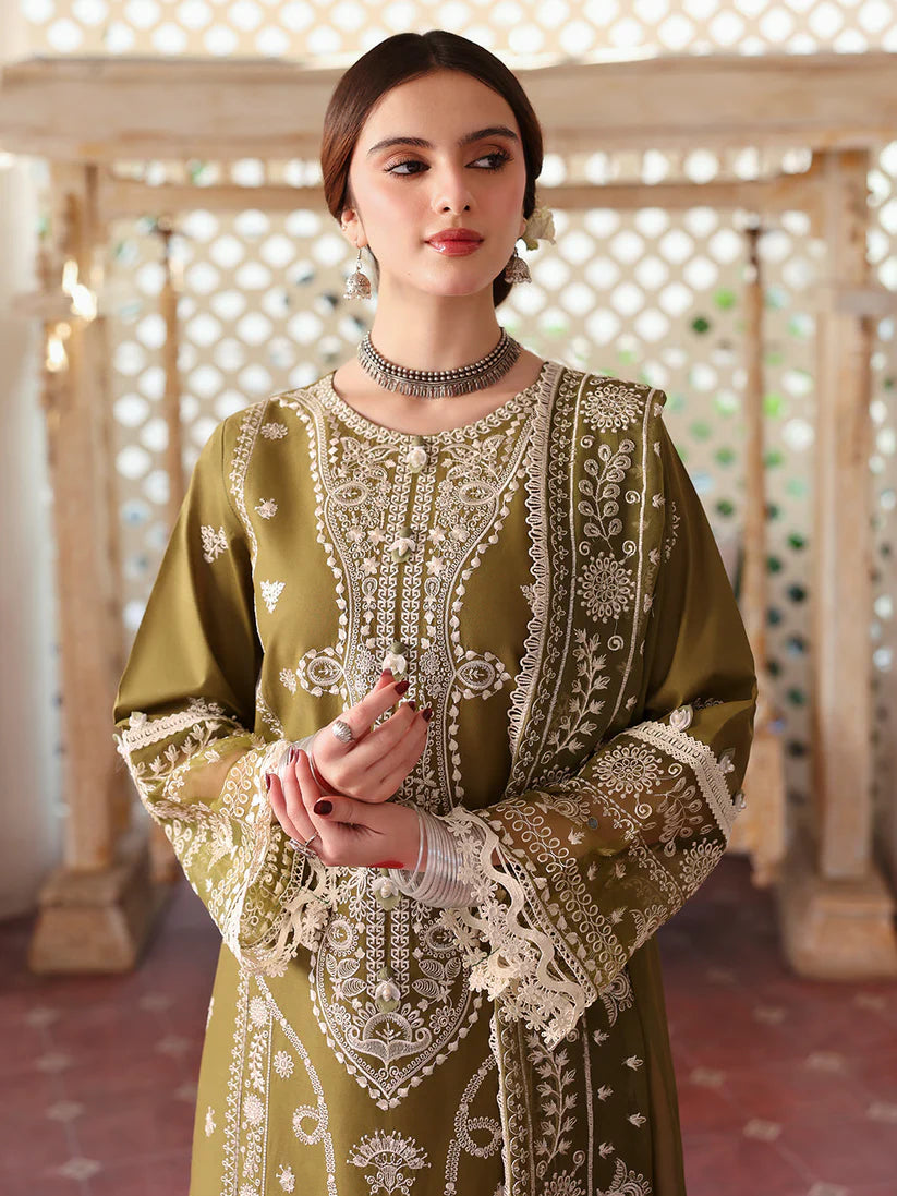 BrandsInn-3PC DHANAK EMBROIDERED SHIRT WITH DHANAK EMBROIDERED SHAWL & TROUSER-BI-4175