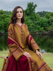 BrandsInn-3PC DHANAK EMBROIDERED SHIRT WITH DHANAK EMB SHAWL & TROUSER-BI-5224