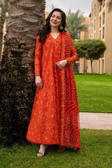 BrandsInn-3PC DHANAK EMBROIDERED FROCK WITH WOOL PRINTED EMBROIDERED SHAWL AND TROUSER-BI-5075