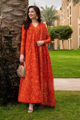 BrandsInn-3PC DHANAK EMBROIDERED FROCK WITH WOOL PRINTED EMBROIDERED SHAWL AND TROUSER-BI-5075