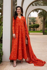 BrandsInn-3PC DHANAK EMBROIDERED FROCK WITH WOOL PRINTED EMBROIDERED SHAWL AND TROUSER-BI-5075