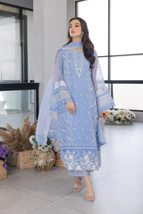 BrandsInn - 3PC ORGANZA EMBROIDERED LAWN SHIRT WITH ORGANZA EMBROIDERED DUPATTA AND TROUSER-BI-205