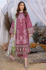 BrandsInn-3PC DHANAK EMBROIDERED SHIRT WITH COUTRAI PRINTED SHAWL AND TROUSER-BI-4052