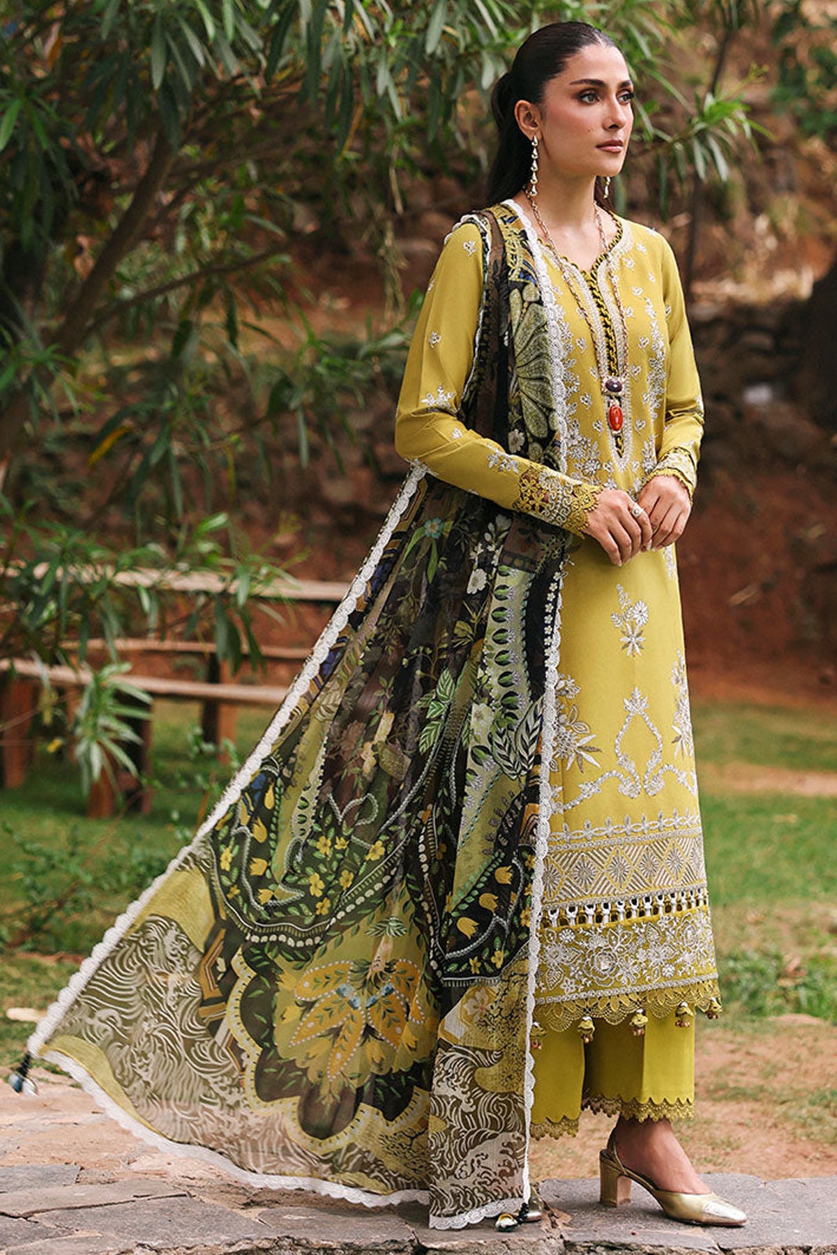 BrandsInn-3PC DHANAK EMBROIDERED SHIRT WITH COURTRAI PRINTED SHAWL & DHANAK TOUSER-BI-4240