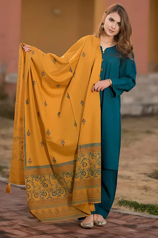BrandsInn- 3PC DHANAK WITH COUTURE WOOL PRINTED SHAWL-BI-4111