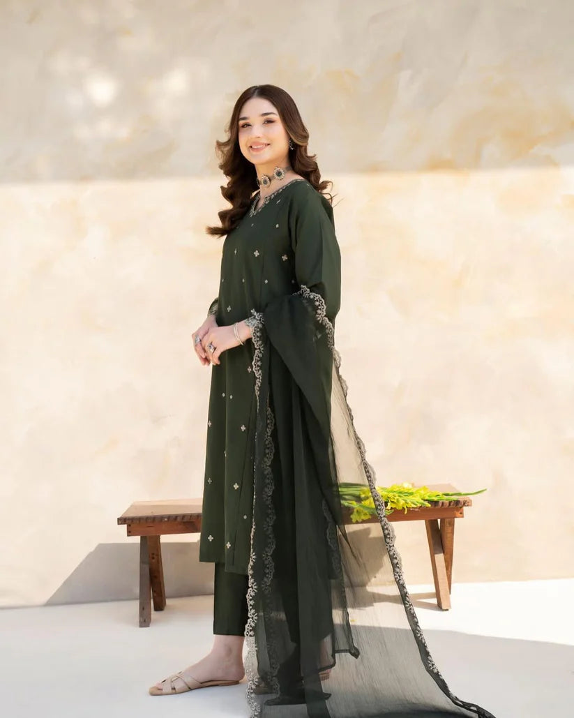 BrandsInn-3PC LAWN EMBROIDERED SHIRT WITH CHIFFON EMBROIDERED DUPATTA AND TROUSER-BI-173