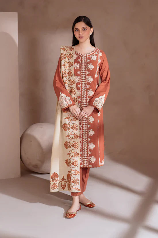 BrandsInn-3PC DHANAK EMBROIDERED SHIRT WITH DHANAK EMBROIDERED SHAWL & TROUSER-BI-4246