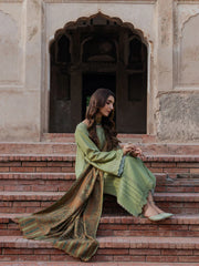 BrandsInn-3PC DHANAK EMBROIDERED SHIRT WITH COURTRAI PRINTED SHAWL & TROUSER-BI-4349