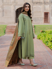 BrandsInn-3PC DHANAK EMBROIDERED SHIRT WITH COURTRAI PRINTED SHAWL & TROUSER-BI-4349