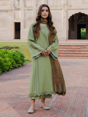 BrandsInn-3PC DHANAK EMBROIDERED SHIRT WITH COURTRAI PRINTED SHAWL & TROUSER-BI-4349