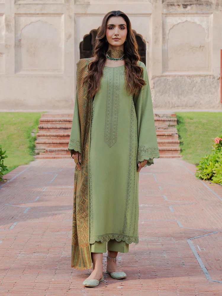 BrandsInn-3PC DHANAK EMBROIDERED SHIRT WITH COURTRAI PRINTED SHAWL & TROUSER-BI-4349