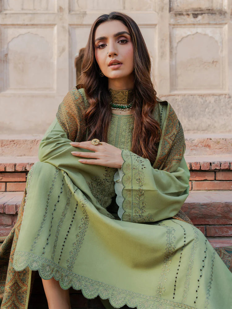 BrandsInn-3PC DHANAK EMBROIDERED SHIRT WITH COURTRAI PRINTED SHAWL & TROUSER-BI-4349