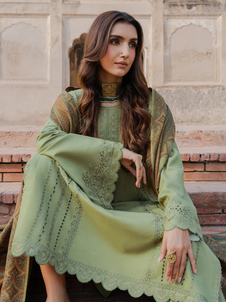 BrandsInn-3PC DHANAK EMBROIDERED SHIRT WITH COURTRAI PRINTED SHAWL & TROUSER-BI-4349