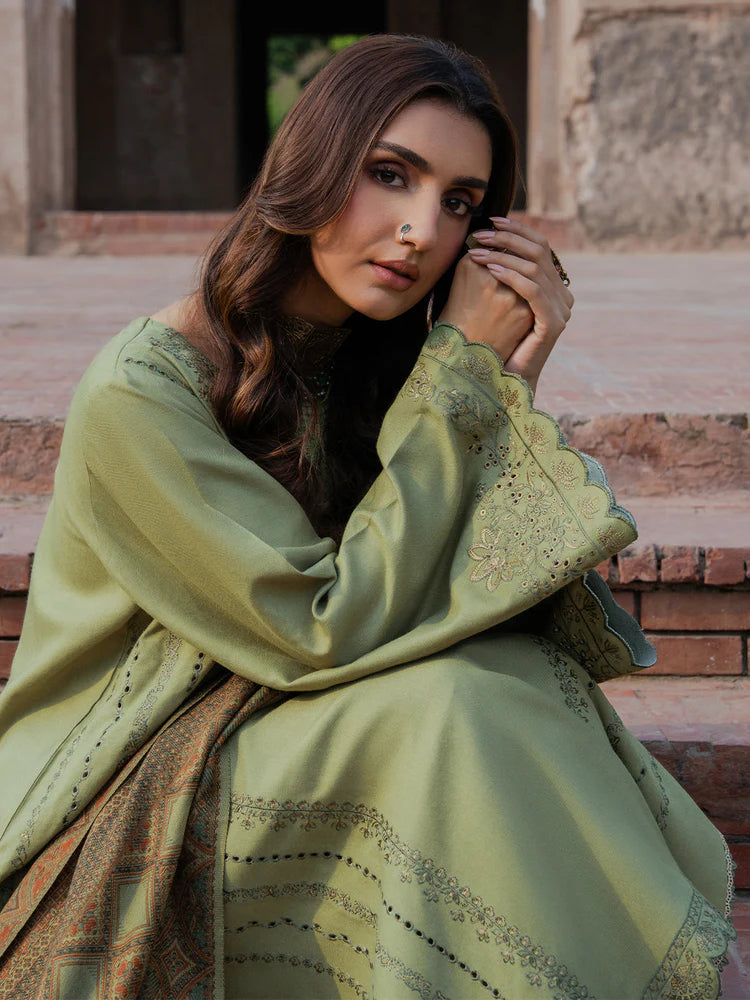 BrandsInn-3PC DHANAK EMBROIDERED SHIRT WITH COURTRAI PRINTED SHAWL & TROUSER-BI-4349