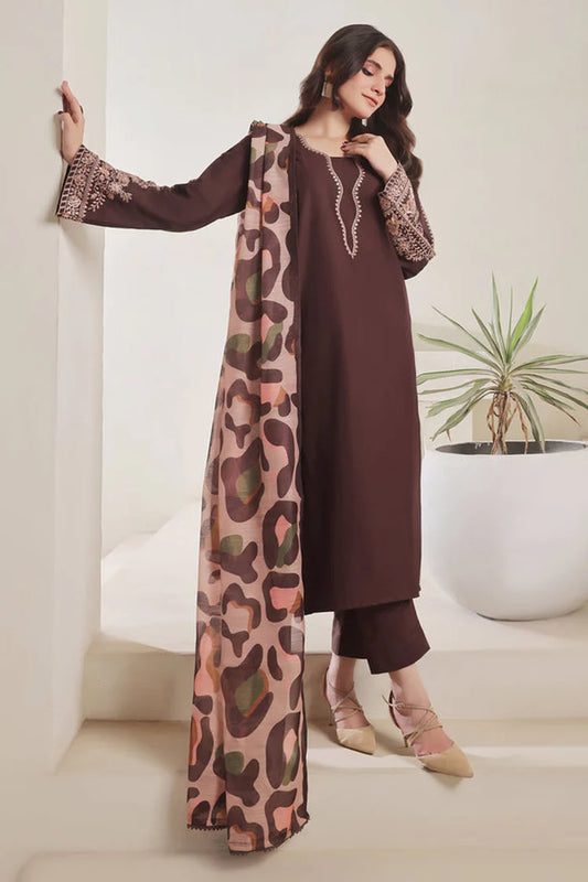 BrandsInn-3PC DHANAK EMBROIDERED SHIRT WITH COURTRAI PRINTED SHAWL AND TROUSER-BI-4277
