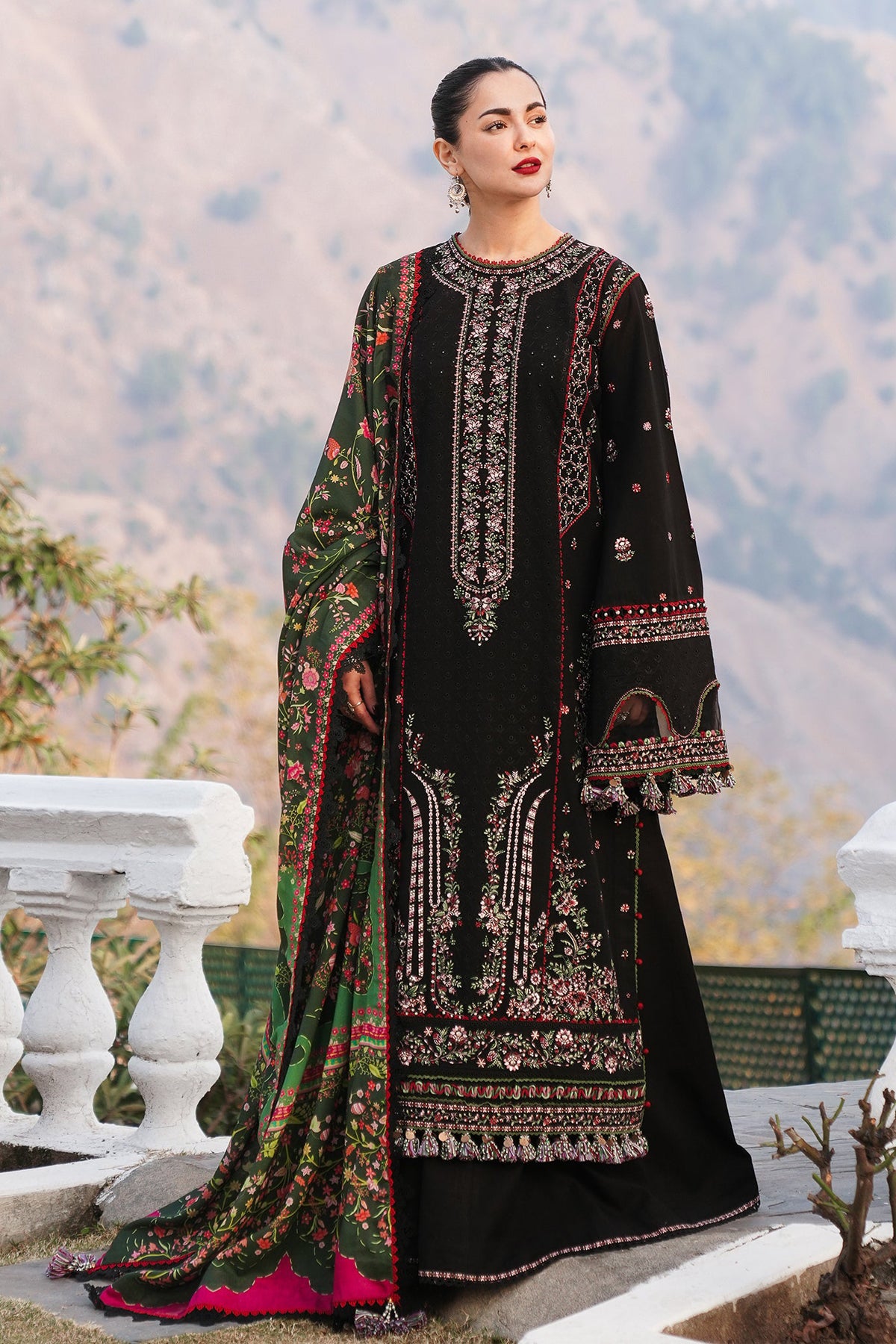 BrandsInn-3PC DHANAK EMBROIDERED SHIRT WITH COURTRAI PRINTED SHAWL AND TROUSER-BI-4261