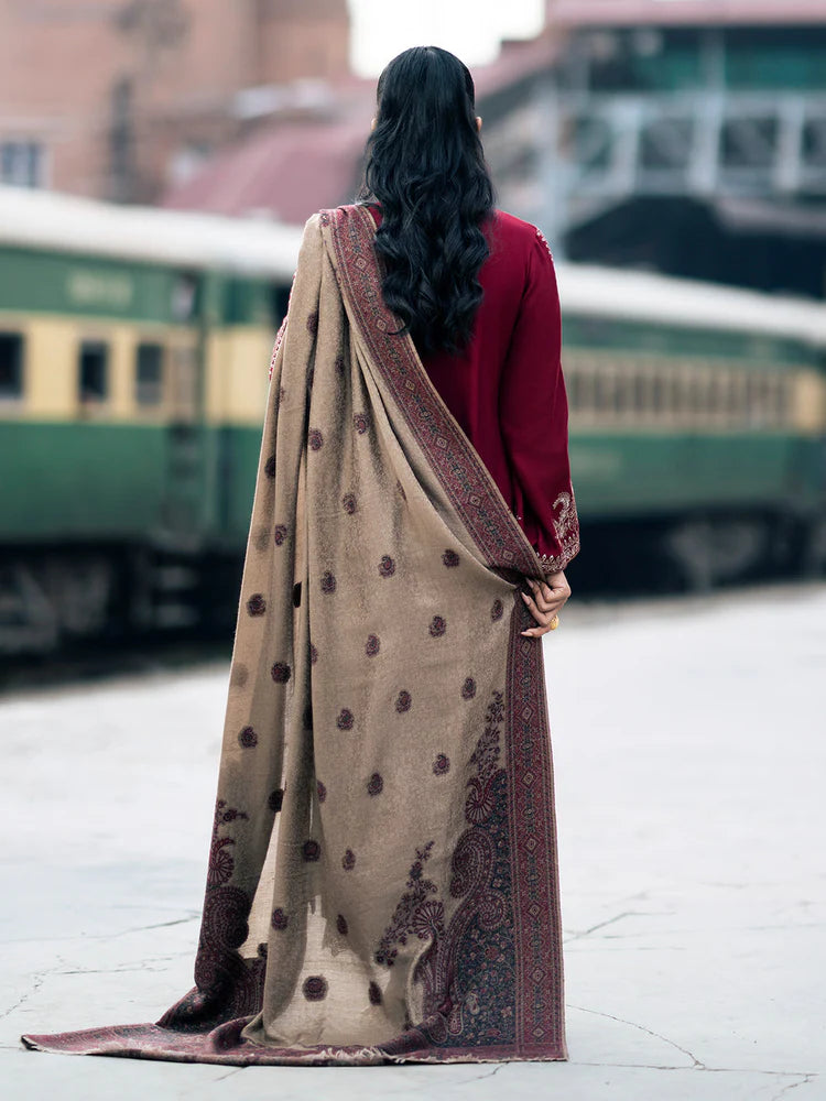 BrandsInn-3PC DHANAK EMBROIDERED SHIRT WITH COUTRAI PRINTED SHAWL AND TROUSER-BI-4127