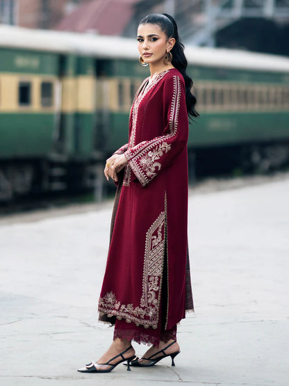 BrandsInn-3PC DHANAK EMBROIDERED SHIRT WITH COUTRAI PRINTED SHAWL AND TROUSER-BI-4127