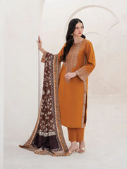 BrandsInn-3PC DHANAK EMBROIDERED SHIRT WITH COURTRAI PRINTED SHAWL AND TROUSER-BI-4201