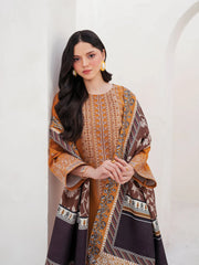 BrandsInn-3PC DHANAK EMBROIDERED SHIRT WITH COURTRAI PRINTED SHAWL AND TROUSER-BI-4201