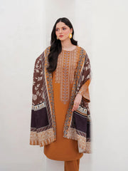 BrandsInn-3PC DHANAK EMBROIDERED SHIRT WITH COURTRAI PRINTED SHAWL AND TROUSER-BI-4201