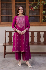 BrandsInn-3PC DHANAK EMBROIDERED SHIRT WITH CHIFFON EMBROIDERED DUPATTA AND EMB TROUSER-BI-5116