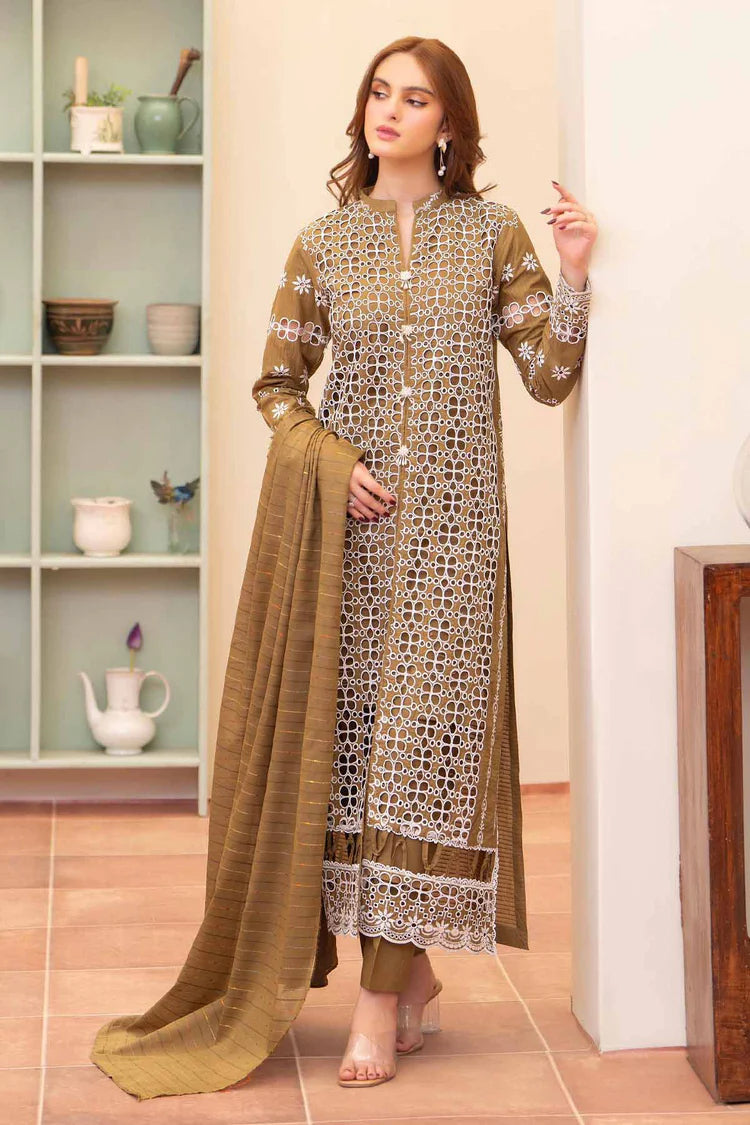 BrandsInn-3PC LAWN CHIKENKAARI EMBROIDERED SHIRT WITH LAWN TUBE SLUB DUPATTA AND TROUSER-BI-1074