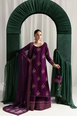 BrandsInn-3PC HANDMADE EMBELLISHED SILK EMBROIDERED SHIRT WITH BAMBER CHIFFON DUPATTA AND TROUSER-BI-4879