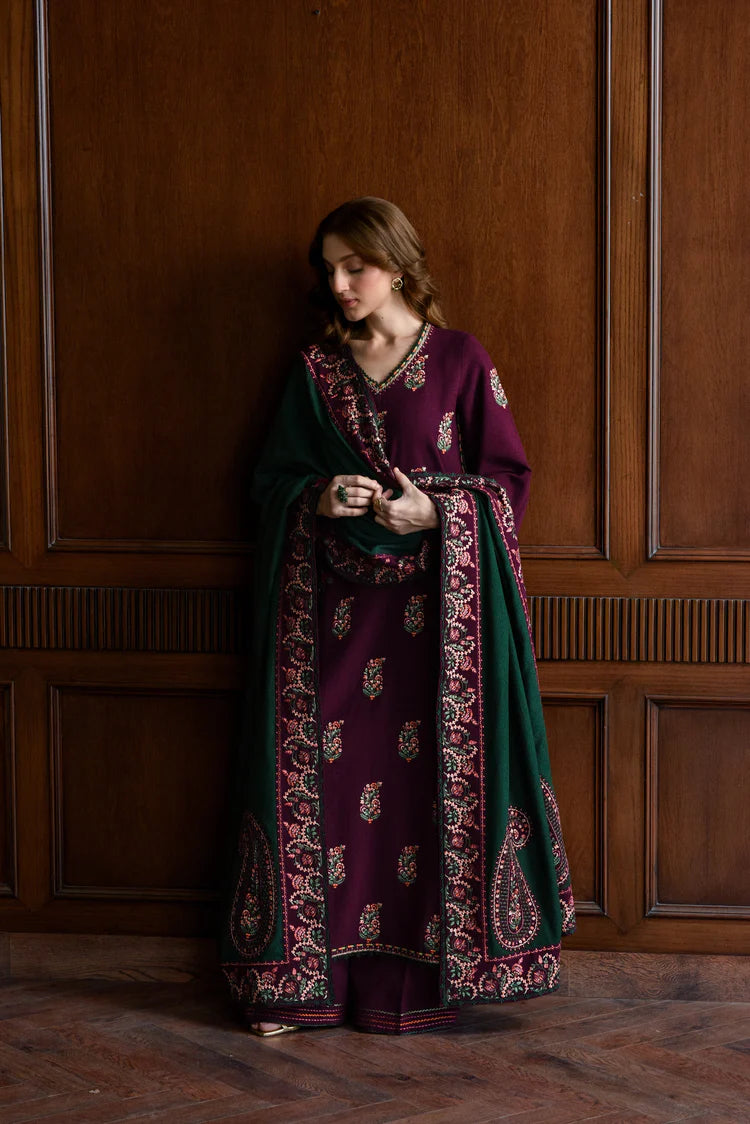 BrandsInn-3PC KARANDI EMBROIDERED SHIRT WITH DHANAK EMBROIDERED SHAWL AND TROUSER-BI-4331