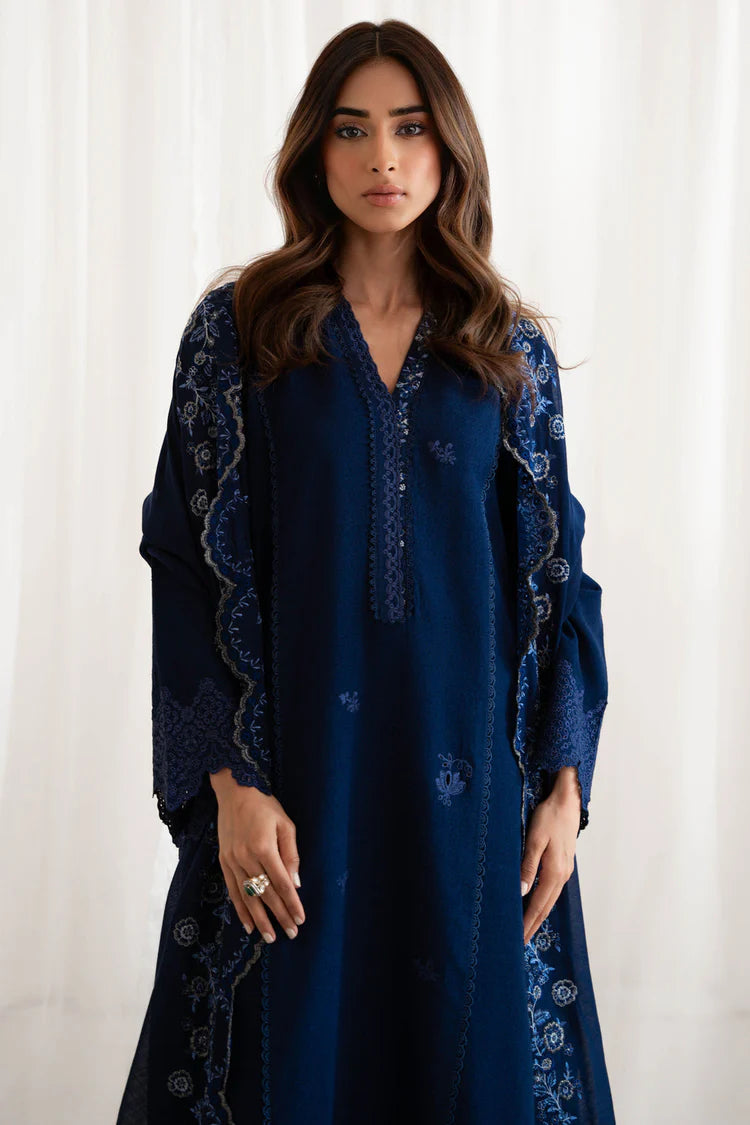 BrandsInn-3PC DHANAK EMBROIDERED SHIRT WITH DHANAK EMBROIDERED SHAWL AND TROUSER-BI-4187