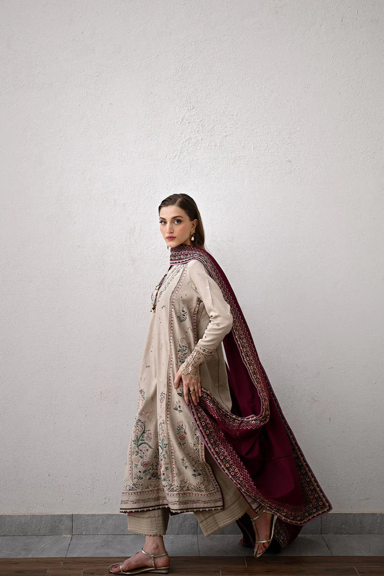 BrandsInn-3PC DHANAK EMBROIDERED SHIRT WITH DHANAK EMBROIDERED SHAWL AND TROUSER-BI-4345