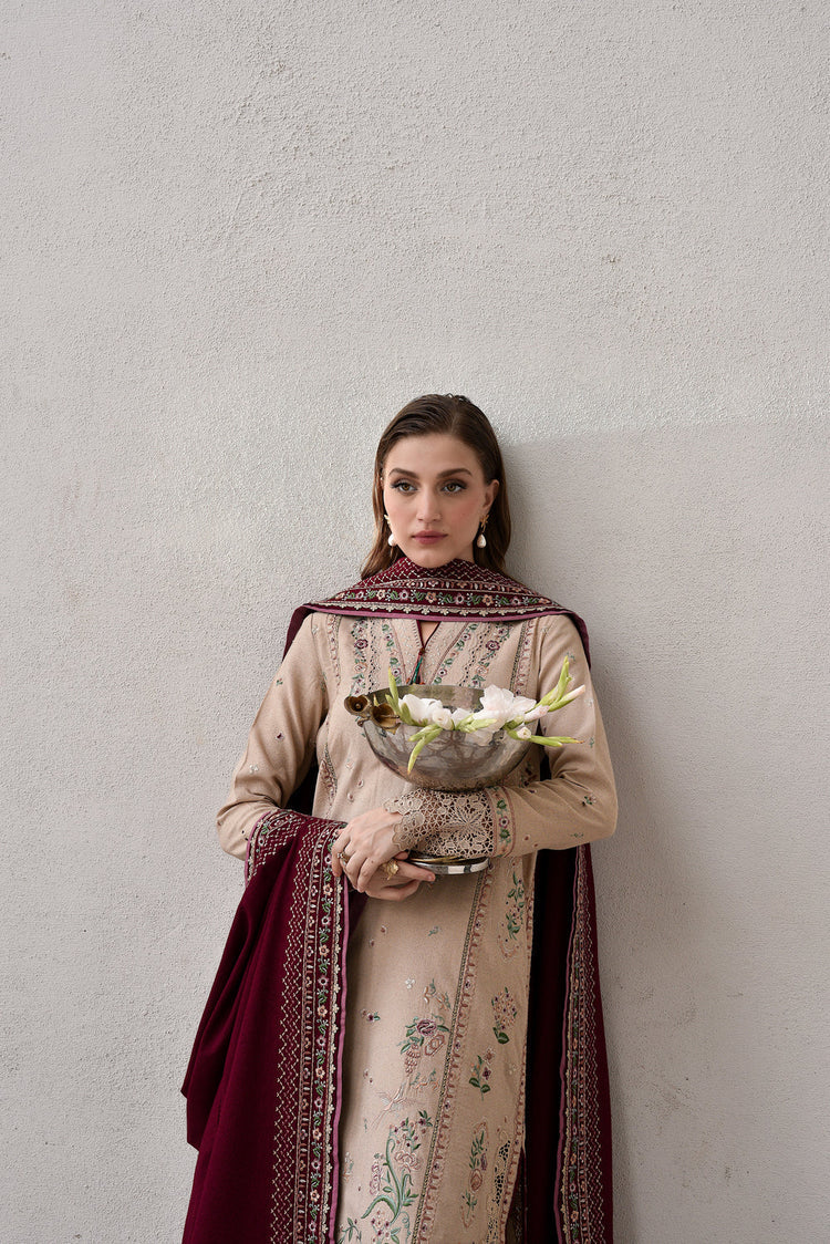 BrandsInn-3PC DHANAK EMBROIDERED SHIRT WITH DHANAK EMBROIDERED SHAWL AND TROUSER-BI-4345