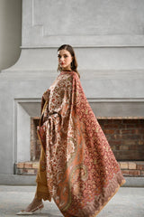 BrandsInn-3PC KARANDI EMBROIDERED SHIRT WITH COUTRAI PRINTED SHAWL AND EMB TROUSER-BI-5284